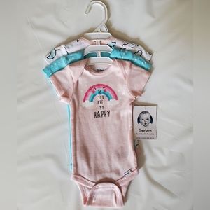 Gerber onsies 3 pack, size 0 to 3 months, pink, blue and white